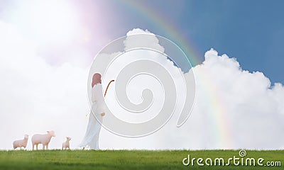 Jesus Christ, the Shepherd leading the sheep, and the sky, the clouds, and the rainbow Stock Photo