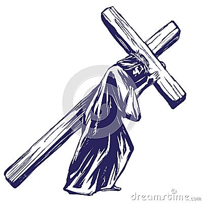 Jesus Christ, Son of God carries the cross before the crucifixion, symbol of Christianity hand drawn vector illustration Vector Illustration