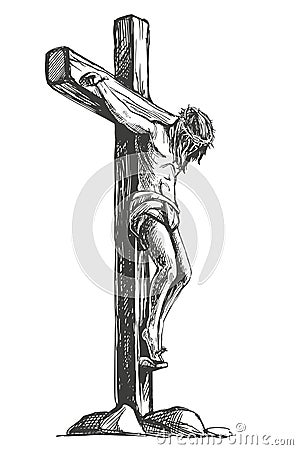 Jesus Christ, the Son of God in a crown of thorns on his head, a symbol of Christianity hand drawn vector illustration Vector Illustration