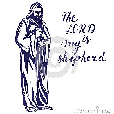 Jesus Christ, Son of God, holding a lamb in his hands, symbol of Christianity hand drawn vector illustration Vector Illustration