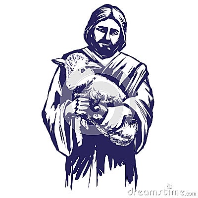 Jesus Christ, Son of God, holding a lamb in his hands, symbol of Christianity hand drawn vector illustration Vector Illustration