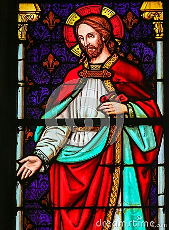 Jesus Christ - Stained Glass in Mechelen Cathedral Stock Photo