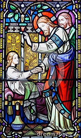 Jesus Christ Healing Stained Glass Window Stock Photo