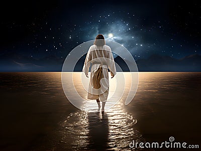 Jesus Christ walking on water at fantastic night Stock Photo