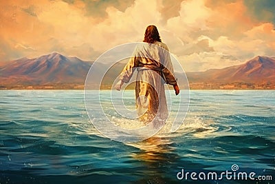 Jesus Christ Walking on the Water on the Sea of Galilee, Antique Old Parchment Stock Photo