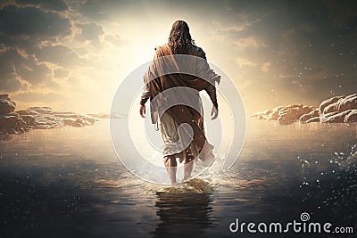 Jesus Christ walks on water. Religious concept . Bible. Faith. Drawing with paints. Painting Stock Photo