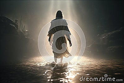 Jesus Christ walks on water. Religious concept . Bible. Faith. Drawing with paints. Painting Stock Photo