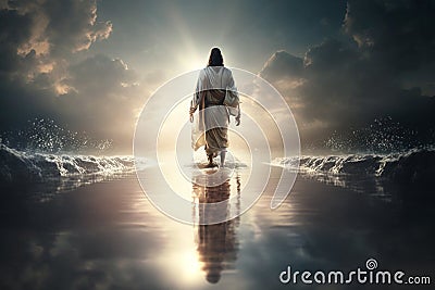 Jesus Christ walks on water. Religious concept . Bible. Faith. Drawing with paints. Painting Stock Photo