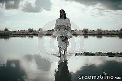 Jesus Christ walks on water. Religious concept . Bible. Faith. Drawing with paints. Painting Stock Photo