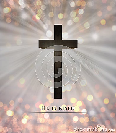 Jesus Christ wooden cross and He is risen text for Easter Cartoon Illustration