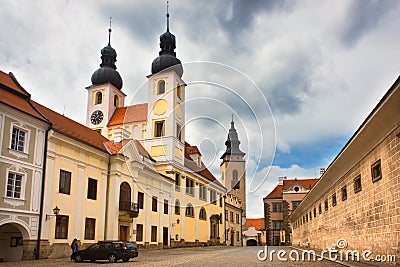 Jesus church in old european city Telc, Czech republic. Europe architecture. Medieval architecture. Stock Photo