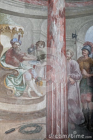 Jesus condemned to death, Pontius Pilate washed his hands, fresco on the ceiling of the Saint John the Baptist church in Zagreb Stock Photo