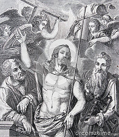 Jesus Conqueror accompanied by Apostles Peter and Paul by Michiel Coxcie engraved in a vintage book History of Painters, author Stock Photo