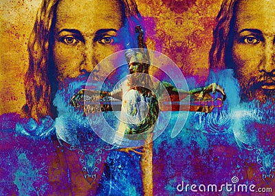 Jesus on the cross, avanrgard interpretation with graphic stylization. Winter effect. Stock Photo