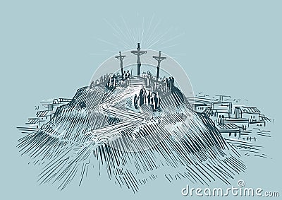 Jesus on cross. Mount Golgotha. Art sketch vector illustration Vector Illustration