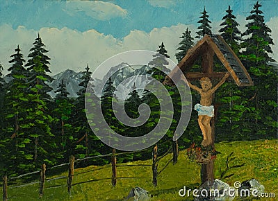 Jesus cross next to a hiking trail in the mountains Stock Photo