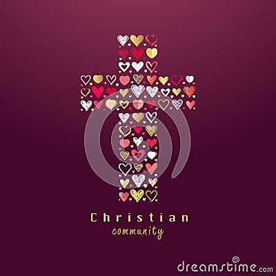 Jesus cross shape and set of creative hearts Vector Illustration