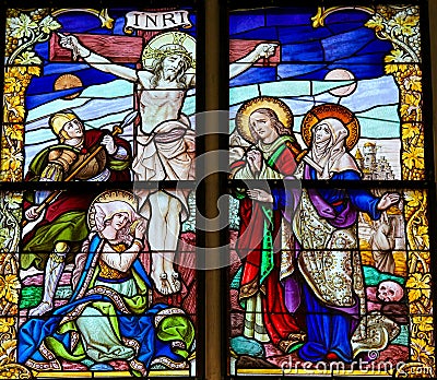 Jesus on the Cross - Stained Glass - Good Friday Stock Photo