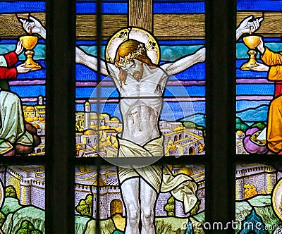 Jesus on the Cross - Stained Glass Stock Photo