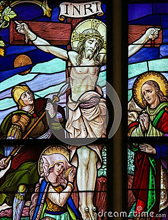 Jesus on the Cross - Stained Glass Stock Photo