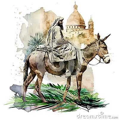 Jesus on Donkey Watercolor Style Stock Photo