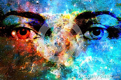 Jesus eye in cosmic space. computer collage version. Stock Photo