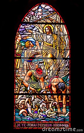 Jesus and Fishermen Stained Glass Window Stock Photo