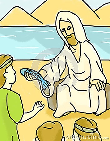Jesus Giving Fish Sea of Galilee Stock Photo