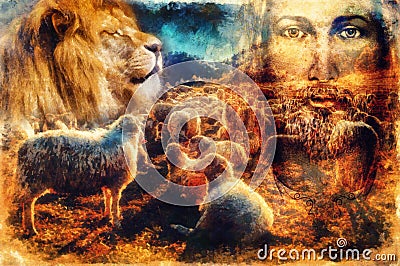 Jesus The Good Shepherd, Jesus and lambs and lion. Stock Photo