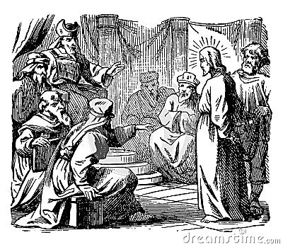 The Sanhedrin Trial of Jesus - He is Taken Before Annas, the Former High Priest vintage illustration Vector Illustration