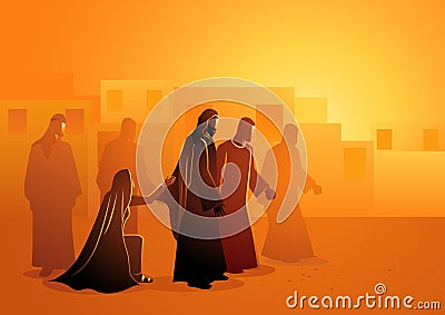 Jesus heals the bleeding woman Vector Illustration