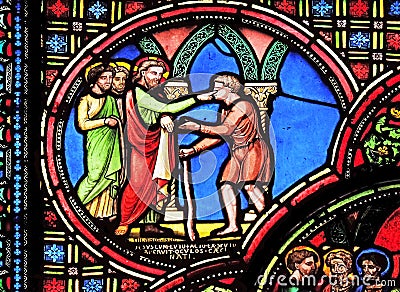 Jesus heals a blind man, stained glass window from Saint Germain-l`Auxerrois church in Paris Stock Photo