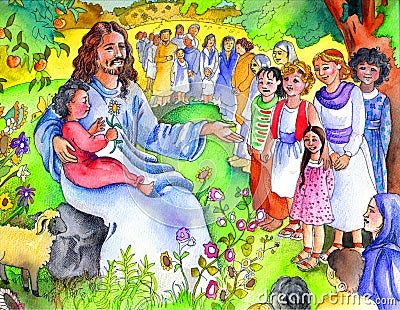 Jesus and the Little Children | Bible Children Cartoon Illustration