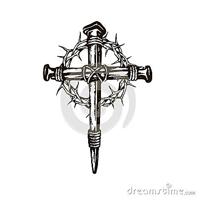 Jesus nail cross with thorn crown Vector Illustration