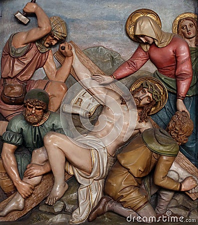 Jesus is nailed to the cross, 11th Stations of the Cross Stock Photo