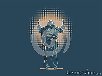 Jesus raised his hands in prayer. Vector Illustration