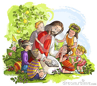 Jesus Reading The Bible With Children Stock Vector - Image: 39397727