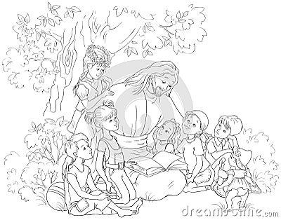 Jesus reading the Bible with Children coloring page. Vector cartoon christian black and white illustration Vector Illustration