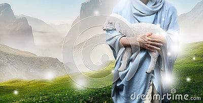 Jesus recovered the lost sheep carrying it in his arms Stock Photo