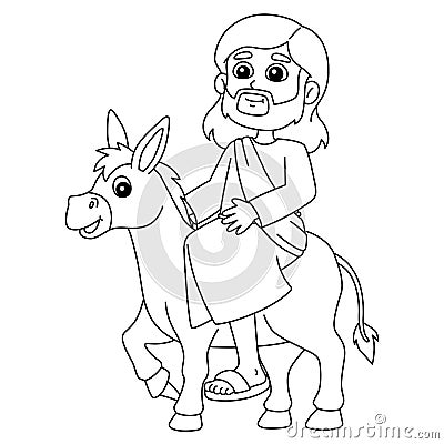 Jesus Riding Donkey Isolated Coloring Page Vector Illustration