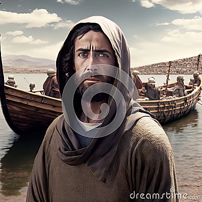 Jesus by the Sea of Galilee. AI Generative. Stock Photo