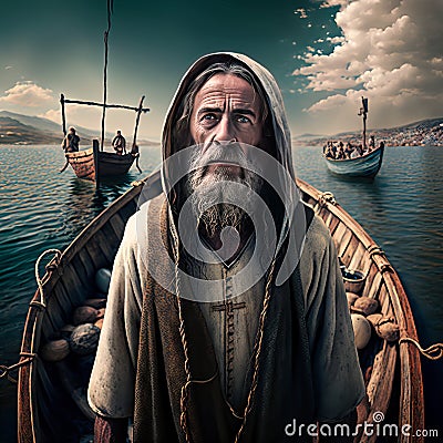 Jesus by the Sea of Galilee. AI Generative. Stock Photo