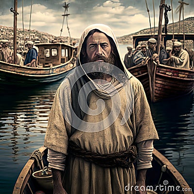 Jesus by the Sea of Galilee. AI Generative. Stock Photo