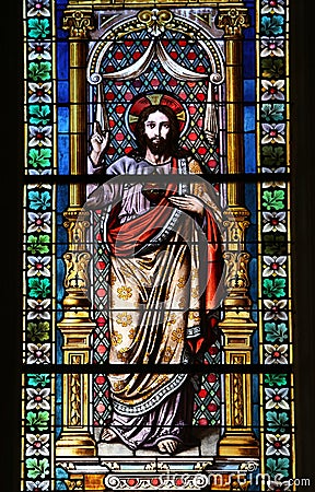 Jesus, stained glass window in Basilica Assumption of the Virgin Mary in Marija Bistrica, Croatia Editorial Stock Photo