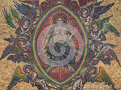 Jesus Surrounded with Angels Mosaic of the Last Judgment at the Golden Gate of Saint Vitus Cathedral, Prague Detail Stock Photo