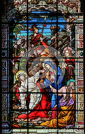Jesus on the Via Dolorosa - Stained Glass in Malaga Cathedral Stock Photo