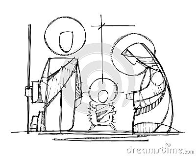 Jesus, Virgin Mary and Saint Joseph at Nativity Vector Illustration