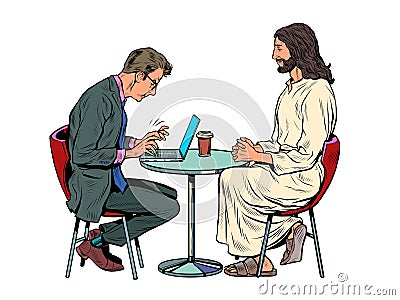 Jesus is waiting for you, savior and busy man at the table. Christianity and religion, preaching and faith Vector Illustration