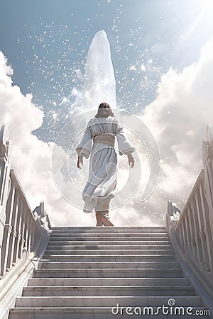 Jesus walking up Stairway podium leading to the heavenly sky towards the glowing end clouds skies landscape. enerative ai Stock Photo