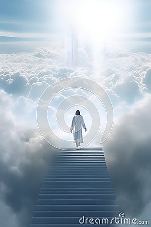 Jesus walking up Stairway podium leading to the heavenly sky towards the glowing end clouds skies landscape. generative ai Stock Photo